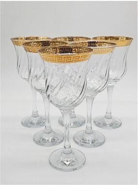 Murano J Preziosi Wine Glasses Swirl Optic 24 K God Greek Key Rim Lot 6